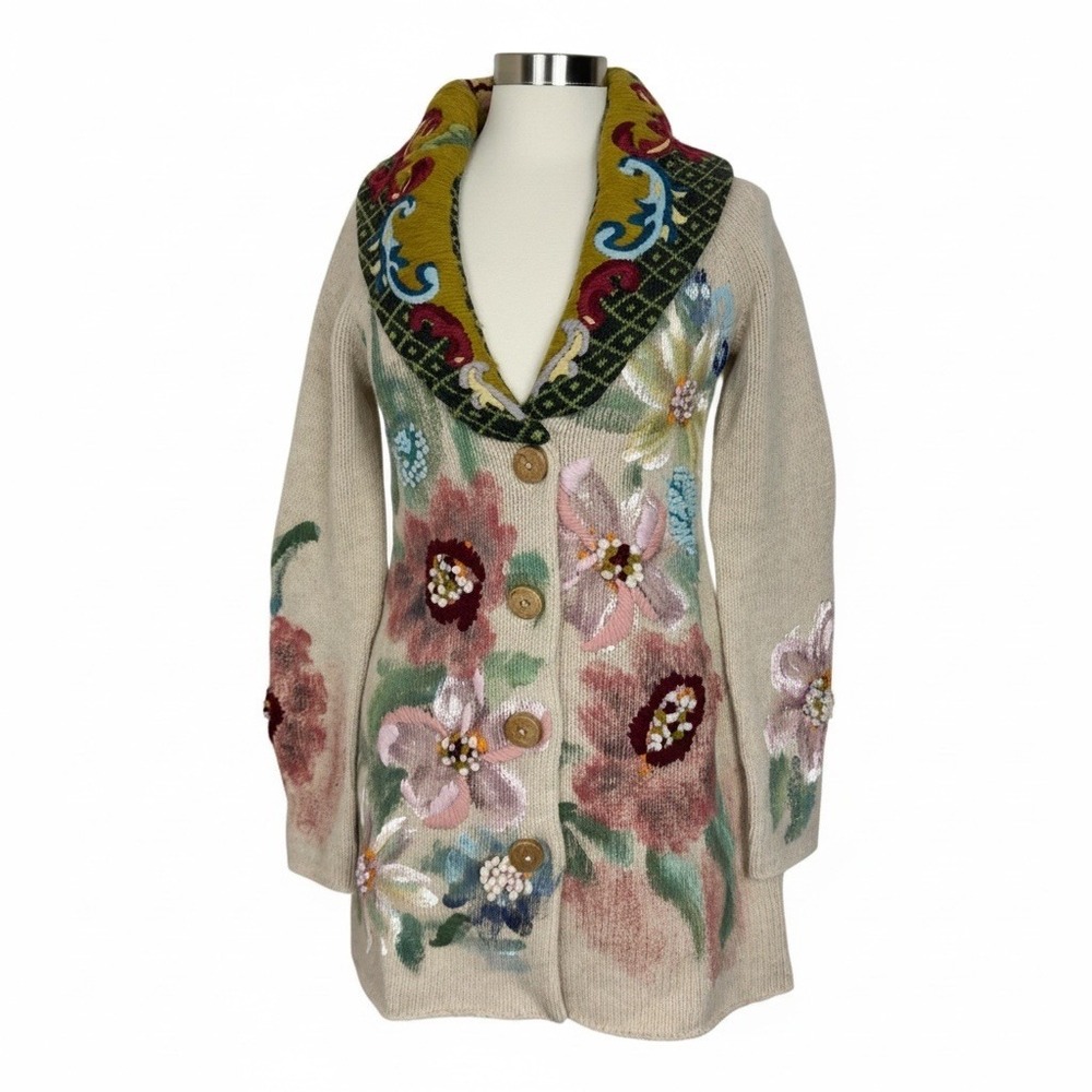Anthopologie Sleeping On Snow Sweater Coat Hand Painted Poppies Size Medium - Picture 4 of 16